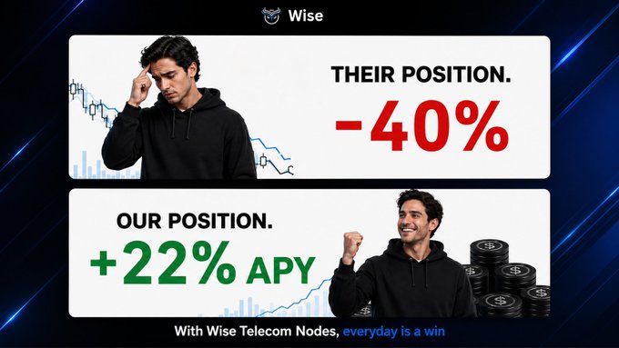 The image shows two men standing next to each other against a blue background, with one man wearing a black hoodie and the other wearing a red hoodie. The text above them reads "Our position keeps winning consistently, every day. Their position? Still uncertain. Stay in the winning position with Wise Telecom Nodes. Earn: app.wisetoken.com". This suggests that the two men are participating in an investment strategy or game where their positions are constantly changing and they need to stay in a winning position to earn points. The image also includes text about a man's position, which could be related to the investment strategy being discussed.