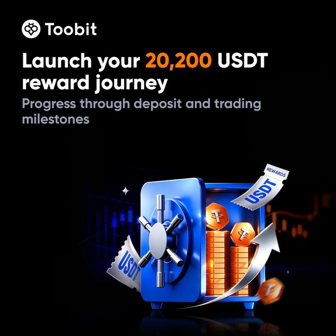 The image is a promotional banner for Toobit featuring a blue vault safe filled with stacked gold coins and orange USDT tokens, accompanied by the text "Launch your 20,200 USDT reward journey — Progress through deposit and trading milestones." It visually reinforces the post's message of climbing through deposit and futures trading milestones to earn up to 20,200 USDT in rewards, with the vault symbolizing the unlocked crypto prizes.