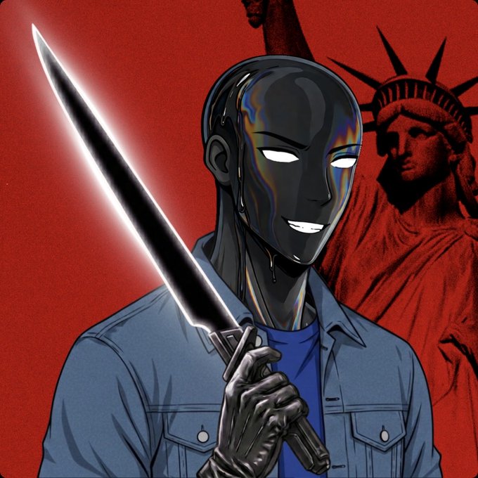 An anime-style illustration depicts a character wearing a black, glossy full-face mask holding a long blade, standing in front of a red background featuring the Statue of Liberty.