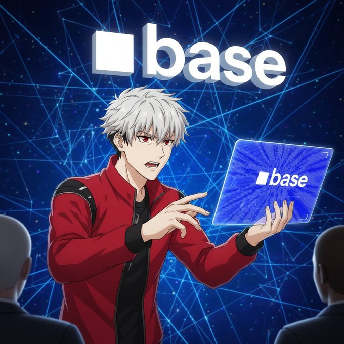 An anime-style white-haired character in a red jacket presents a glowing blue 'base' card or tablet in front of a large 'base' logo against a digital network background.