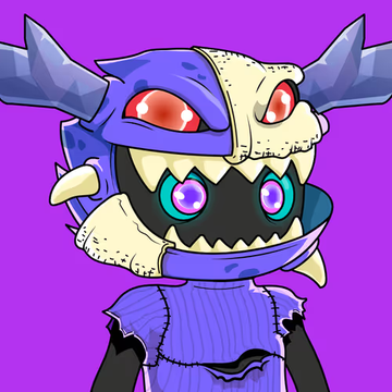 A digital character with a stitched-together skull-like mask, large horns, and glowing purple eyes is depicted against a vibrant purple background. The artwork showcases a striking, stylized design that fits within the edgy aesthetic typical of NFT profile pictures from collections like Rugdollz, GhostLab, or Call of the Stars.