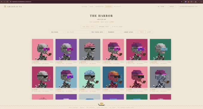 The image shows "The Harbor," an NFT marketplace for the Argonauts collection on argonauts.musefacktory.com/harbor, displaying pixel-art skeleton pirate characters available for purchase at prices like 8.75 ETH and 4.875 ETH, directly supporting the post's announcement of the marketplace launch where users can buy/sell on-chain.