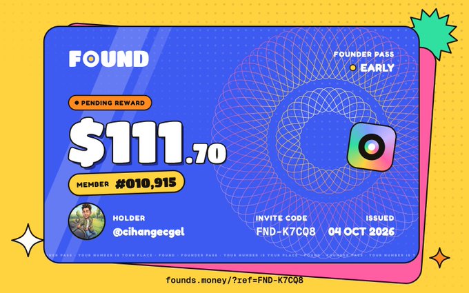 A digital 'FOUND' founder pass card showing a pending reward of $111.70, member #010,915 (@cihangezel), with invite code FND-K7CQ8, issued 04 OCT 2026.