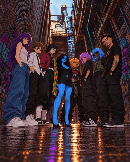 A group of anime-style characters and one realistic human figure pose together in a graffiti-covered alleyway at sunset, with wet pavement reflecting the colorful city lights.
