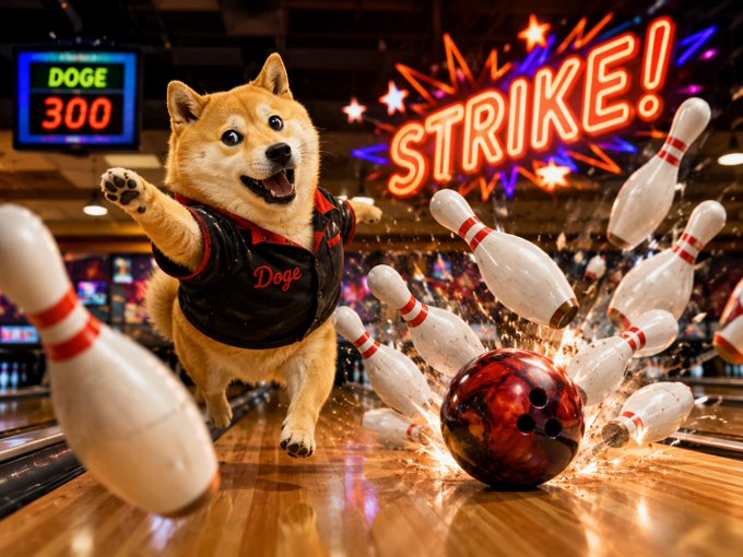 The image features a dog dressed in a bowling-themed outfit, standing next to a bowling ball that has been knocked over by a strike. The dog appears to be enjoying itself as it plays with the bowling ball. In the background, there is a scoreboard displaying "DOGE 300", which suggests this could be an advertisement for a pet-related event or product.