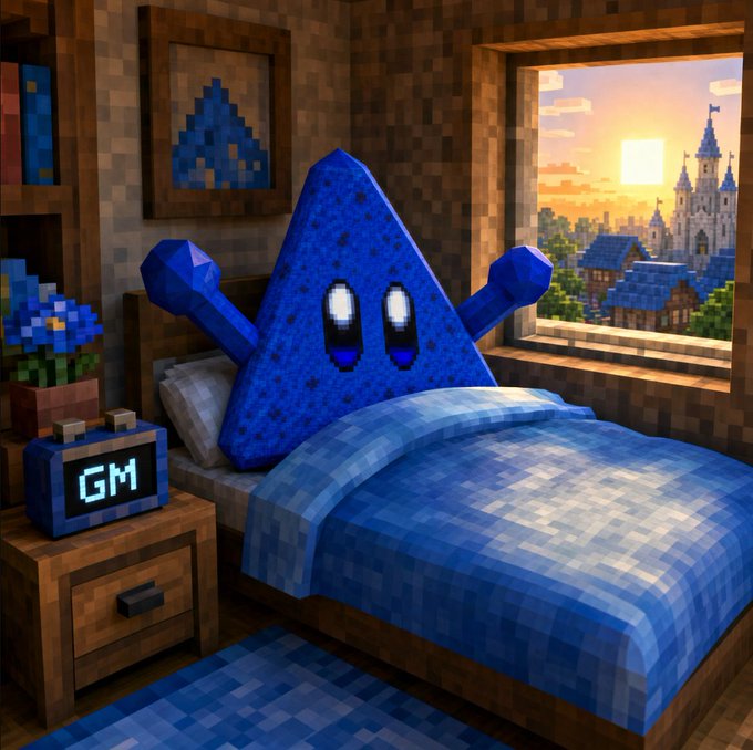 A blue, triangular pixel-art character with a smiling face stretches its arms out of bed in a cozy Minecraft-style bedroom at sunrise, with a digital alarm clock displaying "GM" on the nightstand—visually tying into the "GM" (good morning) greeting accompanying the post about $BLUECHIP launching on Base.