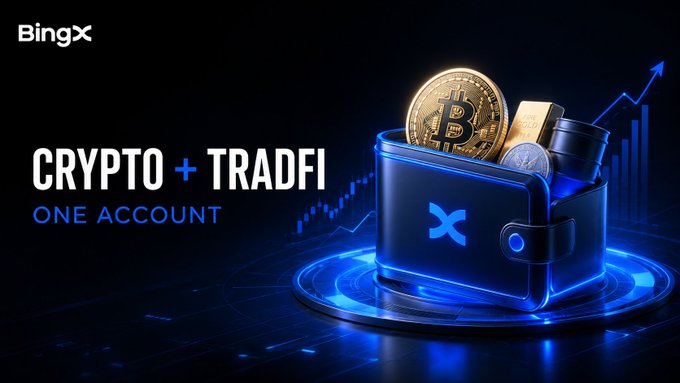 A promotional banner for BingX featuring the text 'CRYPTO + TRADFI ONE ACCOUNT' alongside a digital wallet containing Bitcoin and other cryptocurrencies.