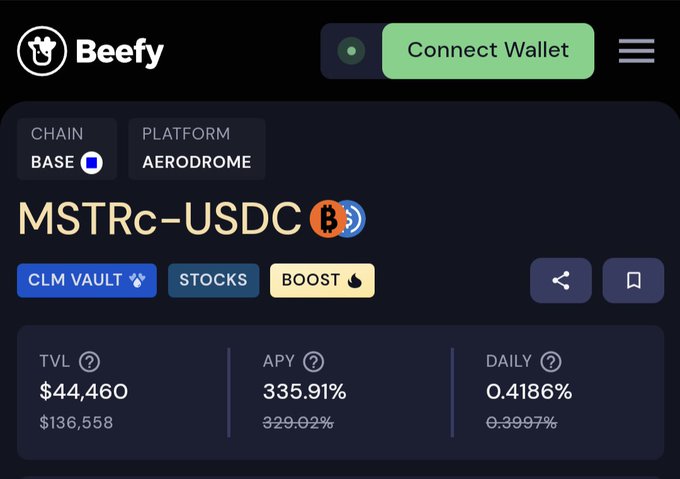 A Beefy Finance dashboard displaying the MSTRc-USDC vault on Base chain via the Aerodrome platform, showing a TVL of $44,460 (current) vs $136,558 (reference), an APY of 335.91%, and a daily yield of 0.4186%.