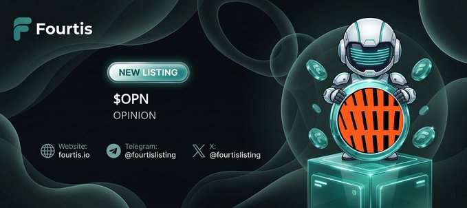 The image features a poster for Fourtis New Listings with an orange robot standing next to a blue box, surrounded by circles of varying sizes. The poster also includes text that reads "OPN" and "#OPN". The caption below the poster states "New listing", indicating that this is a new listing on the Fourtis platform.