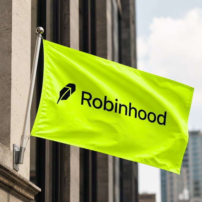 Bright neon-green Robinhood flag mounted on a building against a blue sky.