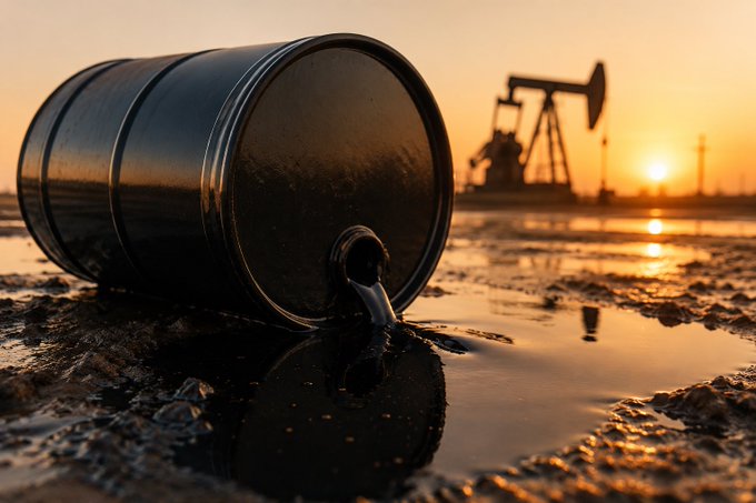A black oil barrel lies on its side leaking crude oil into a wet, muddy surface, with a pumpjack silhouetted against a sunset in the background.