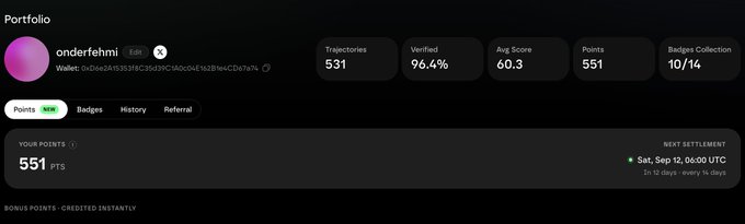 A screenshot of a crypto portfolio dashboard for the wallet 'onderfehmi' on what appears to be a blockchain platform, showing 531 trajectories, 96.4% verified rate, and 551 points with a next settlement date of September 12.