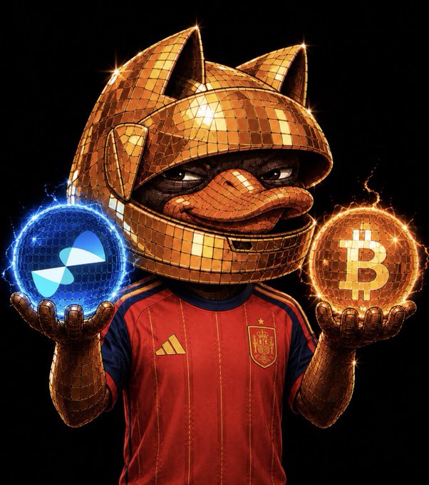 A digital artwork of the Pepe the Frog meme wearing a gold disco-ball helmet and a red Spain soccer jersey, holding a glowing blue cryptocurrency coin and a Bitcoin coin.