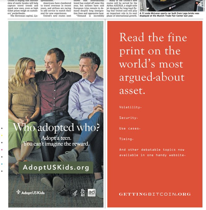 The image shows two side-by-side full-page newspaper ads: one for AdoptUSKids.org featuring a family with the tagline "Who adopted who? Adopt a teen. You can't imagine the reward," and a Nakamoto Project Bitcoin ad with an orange background reading "Read the fine print on the world's most argued-about asset" and listing topics like Volatility, Security, Use cases, and Timing, directing readers to GETTINGBITCOIN.org. This represents the Nakamoto Project's second Bitcoin educational ad placed in The Wall Street Journal as part of its 12-week campaign.