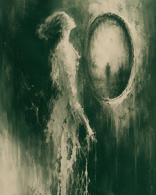A moody green and cream-toned painting showing a translucent female figure looking up at an oval mirror that reflects a shadowy silhouette of a person.