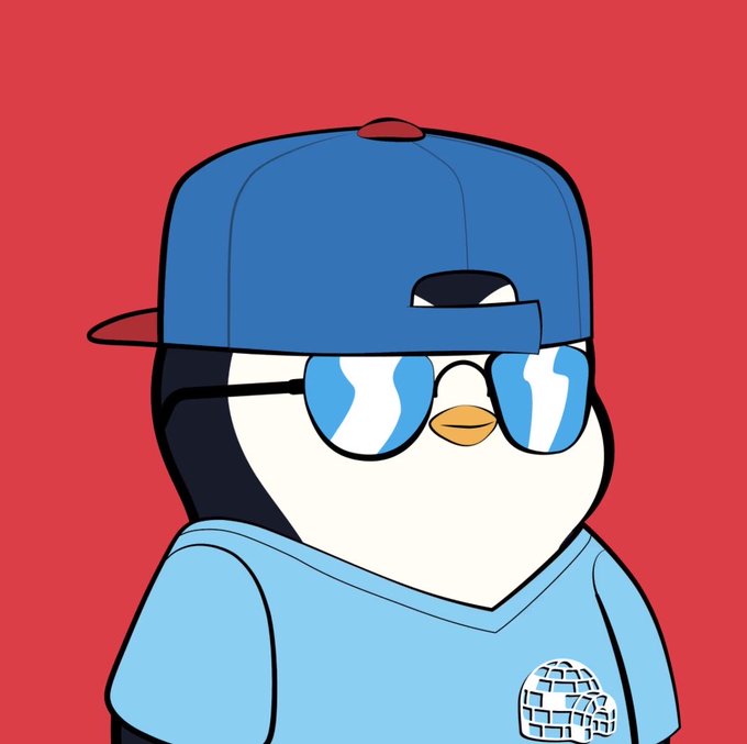 A cartoon illustration of a penguin character wearing a blue backward baseball cap, large blue-tinted sunglasses, and a light blue shirt with a globe logo, set against a solid red background.