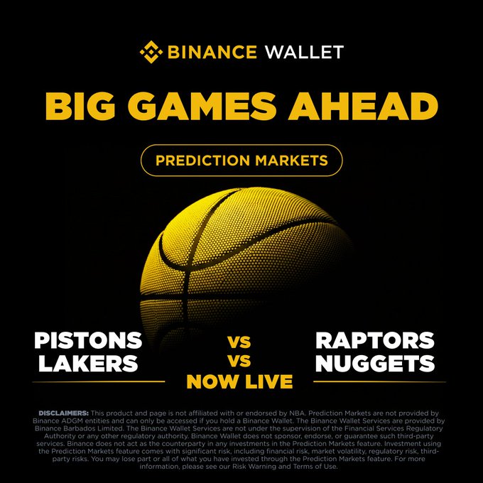The image is a Binance Wallet promotional graphic announcing "Big Games Ahead" with Prediction Markets "Now Live" for NBA preseason matchups, featuring a yellow basketball against a black background and highlighting Pistons vs. Raptors and Lakers vs. Nuggets as featured games, directly tying into the post's call for fans to make picks on the final day of preseason action.