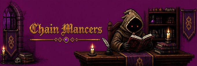 Pixel art banner titled "Chain Mancers" depicting a hooded, glowing-eyed figure in robes reading an ancient tome at a candlelit desk, with the project name styled in ornate gold Gothic lettering. The image visually thematizes the "Mancer" wizard archetype, reinforcing the post's introduction of the $MANCER token built on Robinhood Chain.