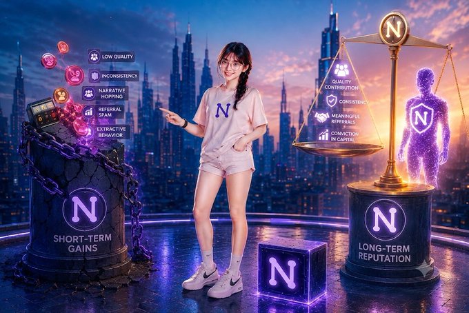 A promotional graphic featuring a young woman with glasses and a white 'N' t-shirt standing between two pedestals labeled 'SHORT-TERM GAINS' and 'LONG-TERM REPUTATION', with icons listing negative traits on the left (LOW QUALITY, INCONSISTENCY, NARRATIVE HOPPING, REFERAL SPAM, EXTRACTIVE BEHAVIOR) and positive traits on the right (QUALITY CONTRIBUTION, CONSISTENCY, MEANINGFUL REFERRALS, CONVICTION IN CAPITAL), alongside a glowing purple figure on a scale.