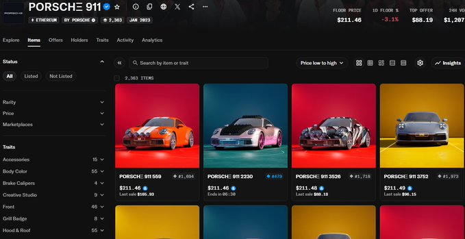 A screenshot of a Porsche 911 NFT marketplace page on Ethereum, showing a floor price of 3.1 ETH ($211.46) with various car images displayed in a grid layout including listings like PORSCHE 911 550, 911 2230, 911 3520, and 911 3752.