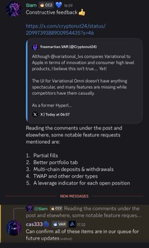 A Discord message from @cryptosaru24 sharing feedback on Variational from an Apple Innovation/High-Level Products team, with a subsequent comment listing feature requests like 'Partial fills', 'Swiss precision tab', 'Multi-chain deposits & withdrawals', 'TWAP', and 'Leverage indicator'.