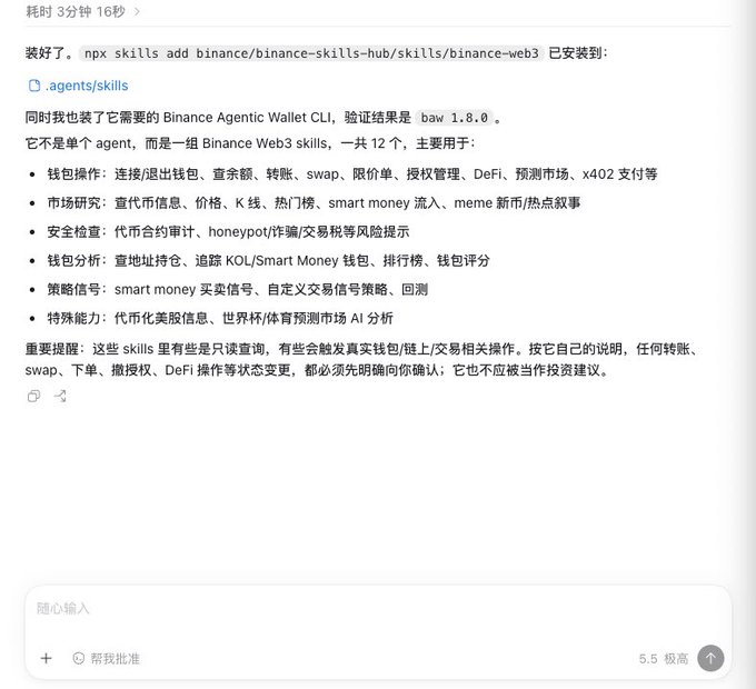 A Chinese-language chat interface describes the installation of "npx skills add binance/binance-skills-hub" and lists 12 Binance Web3 skills including wallet operations, market research, and security checks.