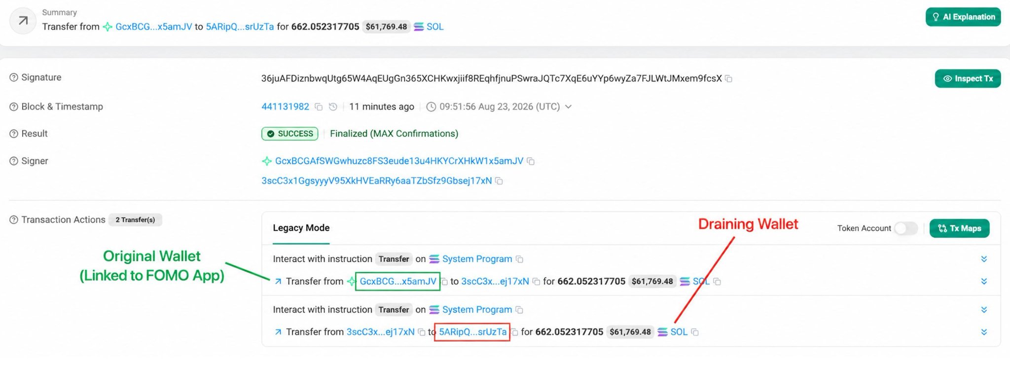 A Solana blockchain transaction showing 662.052317705 SOL (~$61,769.48) being transferred from wallet "GcxBCG...x5amJV" (linked to FOMO app) to wallet "5ARipQ...srUzTa" (labeled as "Draining Wallet") via two consecutive transfers, executed 11 minutes ago at block 441131982.