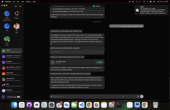 A screenshot of Discord on macOS showing the user's account 'clawed' connecting the 'museobot' application to their account with a browser authentication link.