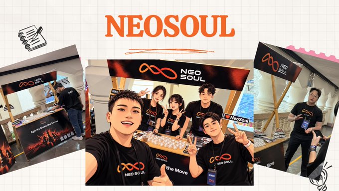 A promotional graphic titled 'NEOSOUL' showing a group of young people wearing matching branded t-shirts posing at what appears to be an event booth.