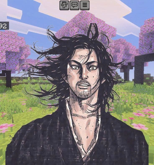 A Minecraft-styled digital artwork showing a rugged man with flowing dark hair against a backdrop of pixelated pink-blossomed trees and green grass.