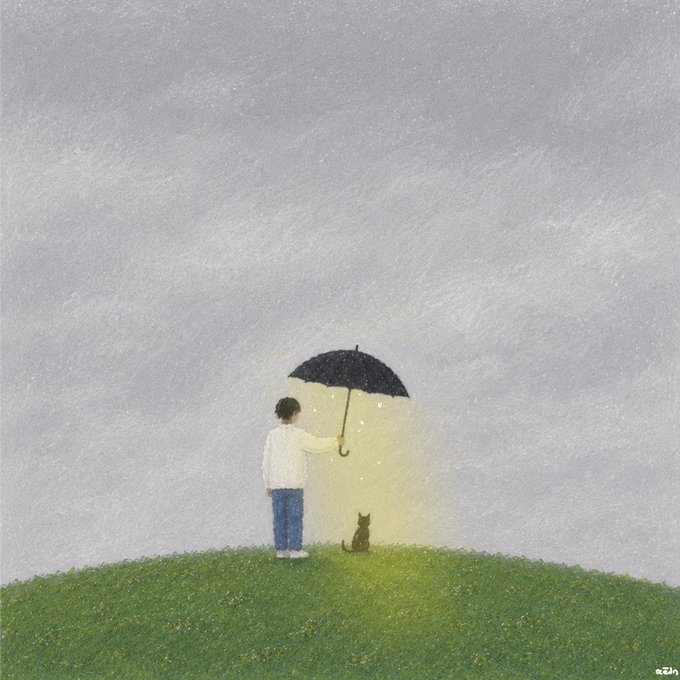 An illustrated painting of a person holding a black umbrella to shelter a small cat on a grassy hill in the rain.