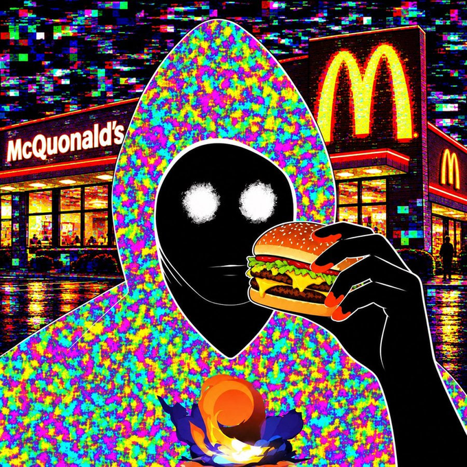A glitchy, colorful digital art piece featuring a black-faced figure in a pixelated, static-filled hood holding a hamburger in front of a McDonald's restaurant, with 'McQuonald's' sign visible and a glowing orb at the figure's chest.