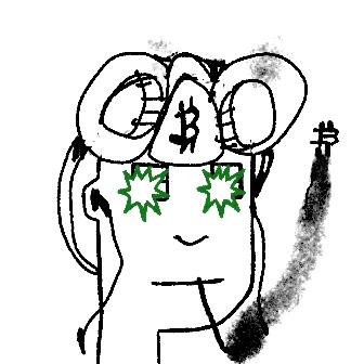 A crude digital drawing of a face with green star-shaped eyes, wearing a hat or headphones adorned with a dollar sign, holding up a smoking gun.
