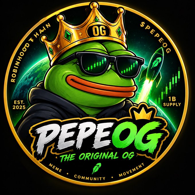 A circular promotional graphic for the 'PEPEOG' cryptocurrency token, featuring the Pepe the Frog meme character wearing a gold crown and sunglasses, with text reading 'ROBINHOOD THAIN', '$PEPEOG', 'EST. 2025', '1B SUPPLY', and 'THE ORIGINAL OG'.