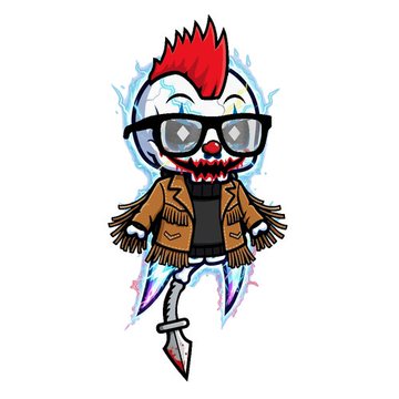 A stylized cartoon clown character with red spiky hair, black sunglasses, a fringed brown jacket, and blue lightning bolts in the background, with no visible text. The image serves as artwork for the Re-Animated NFT collection, which is being promoted for minting at 0.007 ETH on OpenSea.