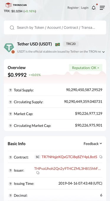 A screenshot of TRONSCAN showing Tether USD (USDT) on the TRON network with TRX at $0.3294 and a market cap of approximately $90.2 billion.