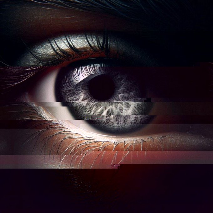 A close-up artistic photograph of a human eye with detailed iris, featuring glitch-art horizontal distortion effects across the image.