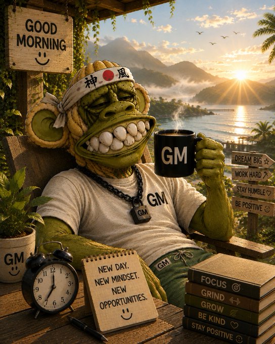 AI-generated image of a green gorilla-like character wearing a '神風' headband and 'GM' shirt, holding a 'GM' coffee mug with motivational signs and books like 'FOCUS', 'GRIND', 'GROW', and 'BE KIND' around it.