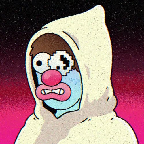 Pixelated, stylized cartoon image of a figure in a white hooded cloak with a distressed face, wide eye, pink nose, and grimacing mouth against a dark gradient background.