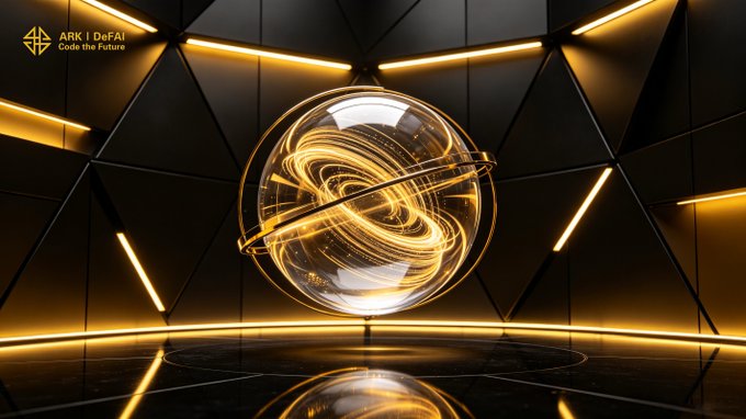 A sleek, futuristic black room with glowing gold geometric lights frames a luminous glass sphere containing swirling energy at its core, with "ARK | DeFAI - Code the Future" displayed in the upper left corner. The glowing orb and high-tech setting visually reinforce the post's theme of AI-driven innovation, symbolizing Arkie's role as an emerging "operating system for AI Agents."