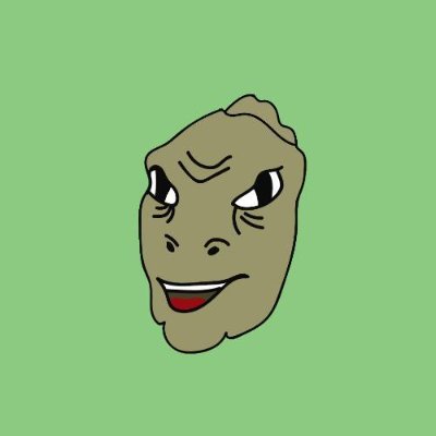 A cartoonish, anthropomorphic greenish-brown blob with an angry expression, furrowed brow, and a wide grin floats against a matching green background, likely representing the $wofl or $yee memecoin characters referenced in the post.