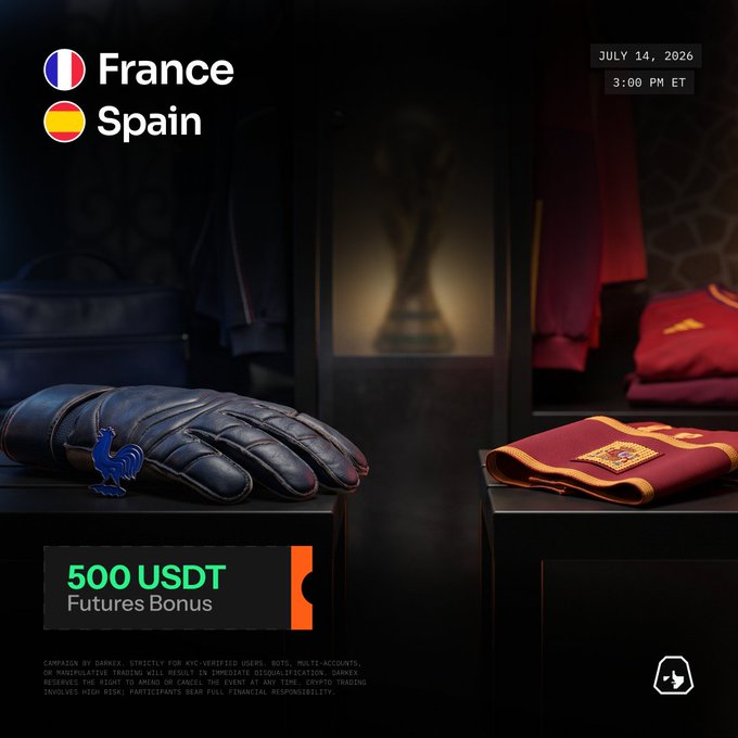 A promotional image for a Darkex World Cup prediction contest between France and Spain, displaying black goalkeeper gloves with the French rooster emblem on the left and a red Spanish jersey on the right, set in a dimly lit locker room with a trophy silhouetted in the background.

Text reads: "France vs Spain," "JULY 14, 2026, 3:00 PM ET," and "500 USDT Futures Bonus," along with a promotional caption inviting users to comment their exact predicted score for the semifinal match for a chance to win.