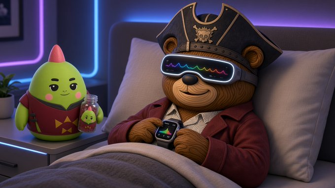 A 3D-rendered teddy bear wearing a pirate hat and glowing LED visor lounges in bed using a smartwatch, accompanied by a small green creature figurine holding a juice bottle.