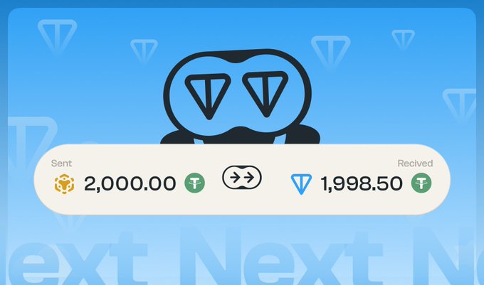 A blue promotional image showing a transaction exchange of 2,000.00 Tether (sent) for 1,998.50 (received) with the TextNext token logo featuring a character wearing goggles.