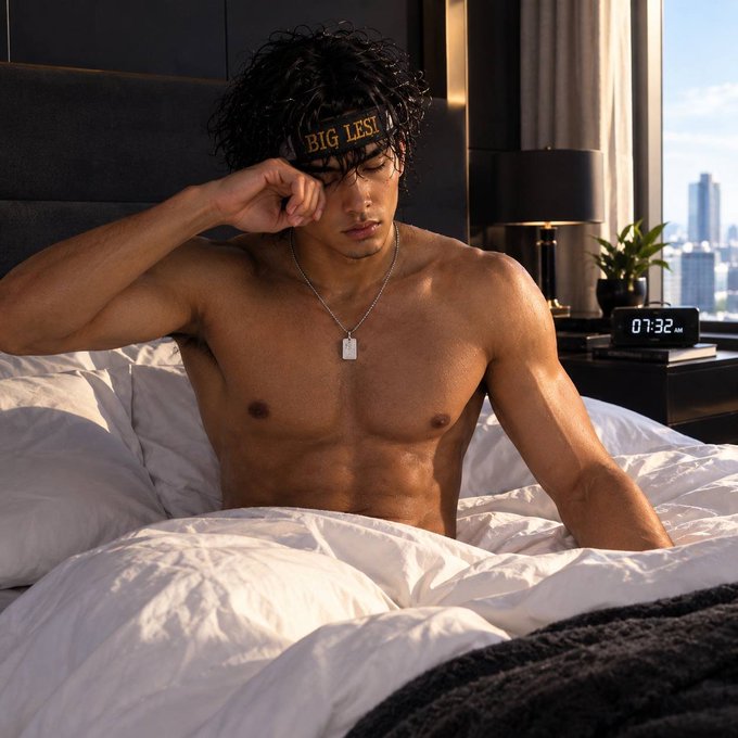 A shirtless muscular man wearing a 'BIG LEST' sleep mask sits up in bed in a modern bedroom with a city view and a digital clock showing 07:32.