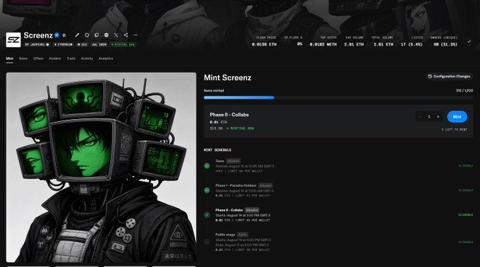 A dark-themed NFT minting interface titled "Screenz" displays a cyberpunk character with glowing green TV monitors for a head alongside mint details, including "Phase II - Collab" priced at 0.05 ETH, current minted amount of 203/1300, and an in-progress mint schedule showing phases like "Genesis" and "Punch-Hidden." The screen features stats like 0.0130 ETH floor price and 0.0182 WETH top offer, aligning with the announcement that Screenz by javpixel_art are now mintable on OpenSea.