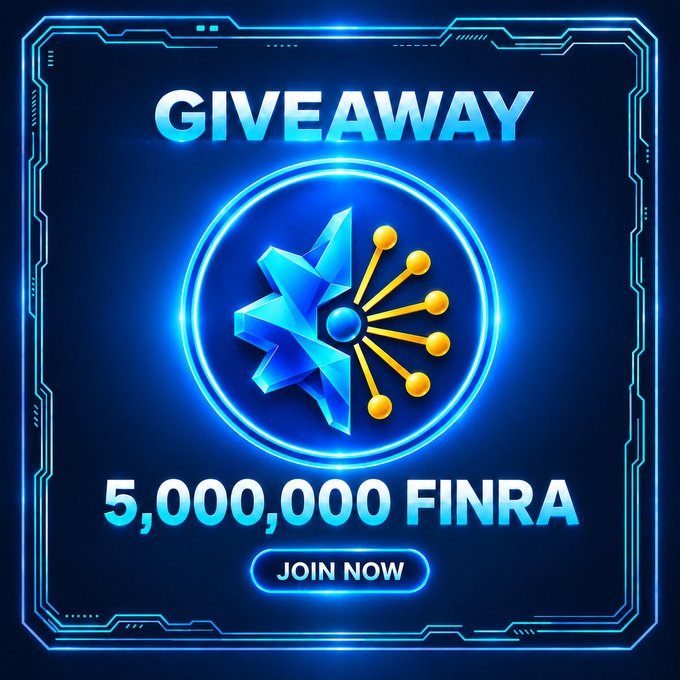 A futuristic blue digital promotional graphic announcing a "GIVEAWAY" of "5,000,000 FINRA" with a "JOIN NOW" button, featuring a central logo with a blue crystal star and golden sunburst design. The image promotes the FINRA token giveaway detailed in the post, which offers 350 USDT to the first 2,000 participants who follow, like, retweet, and comment with their Solana address.