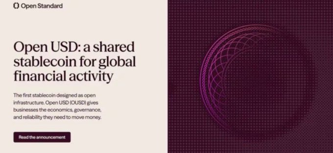 A promotional banner for 'Open USD: a shared stablecoin for global financial activity' by the Open Standard initiative, featuring purple wireframe sphere graphics.