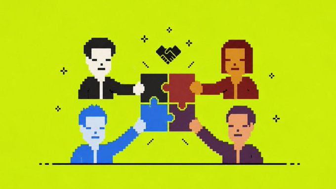 A pixel-art style illustration of four diverse people collaborating on a jigsaw puzzle with a handshake icon, set against a bright yellow-green background.