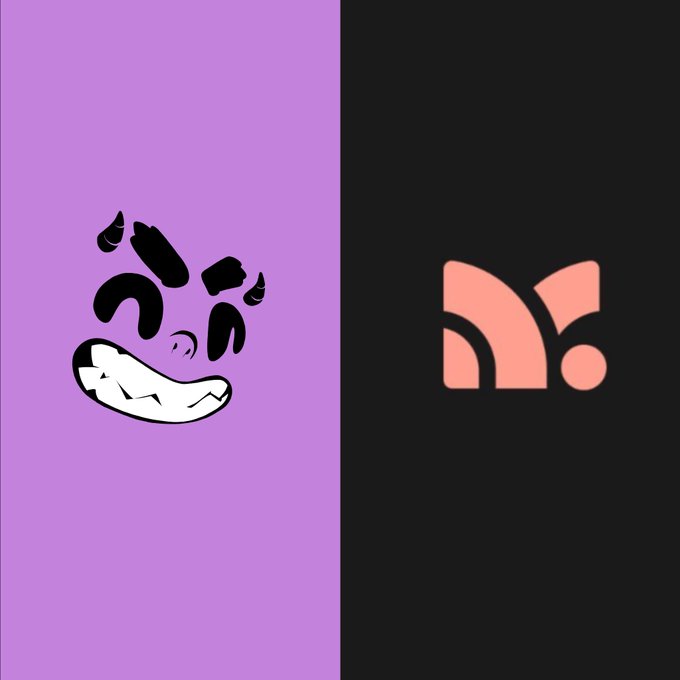 A split-screen graphic with a purple left panel featuring a stylized black and white panda-like face illustration, and a black right panel showing a peach-colored abstract logo resembling a lowercase 'n' or 'h'.